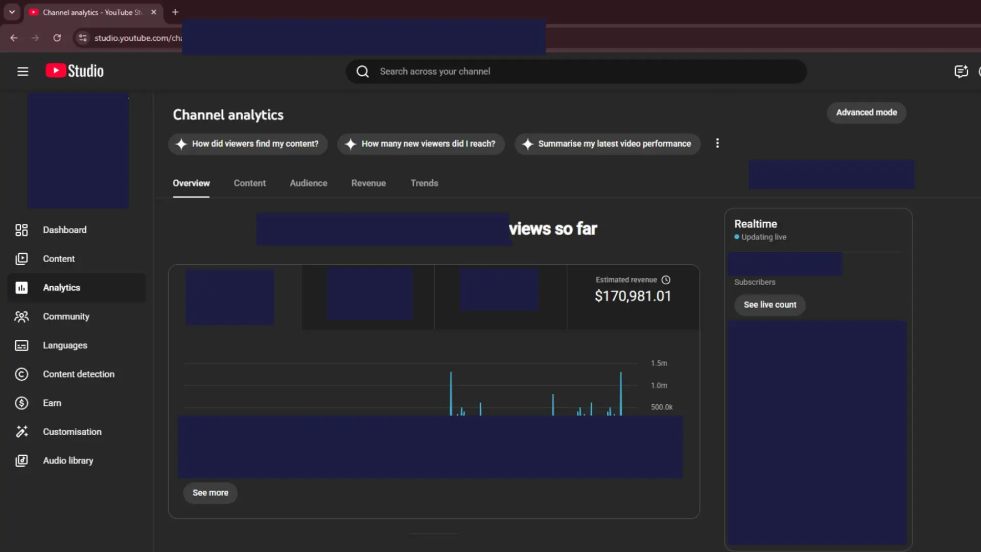 YouTube Studio channel analytics result 1