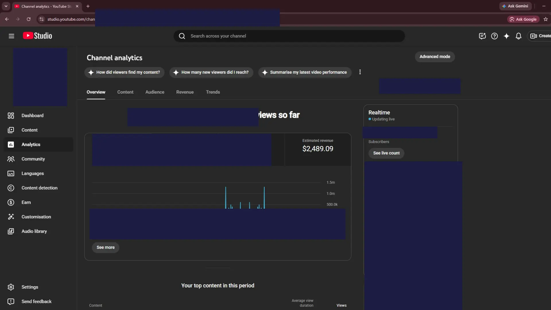 YouTube Studio channel analytics result 3